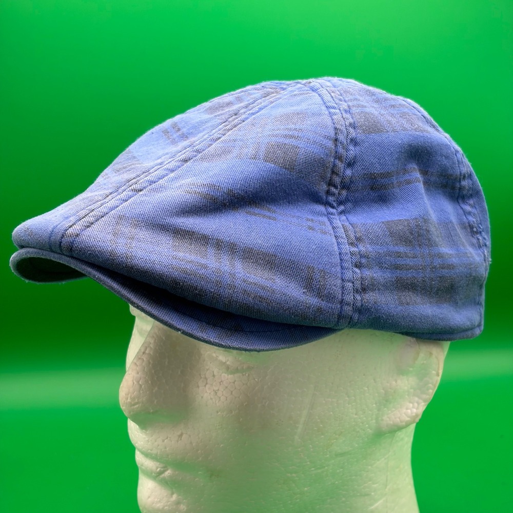 Carbon Newsboy Cap Mens L/XL Blue Plaid Distressed Cotton Flat Cabbie Driver Hat